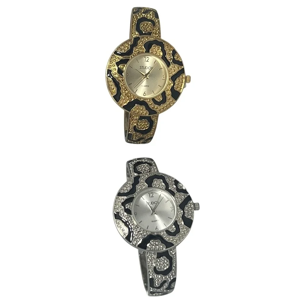 STUDIO Leopard Print Bangle Cuff Watch Set Gold Tone Silver Tone Untested